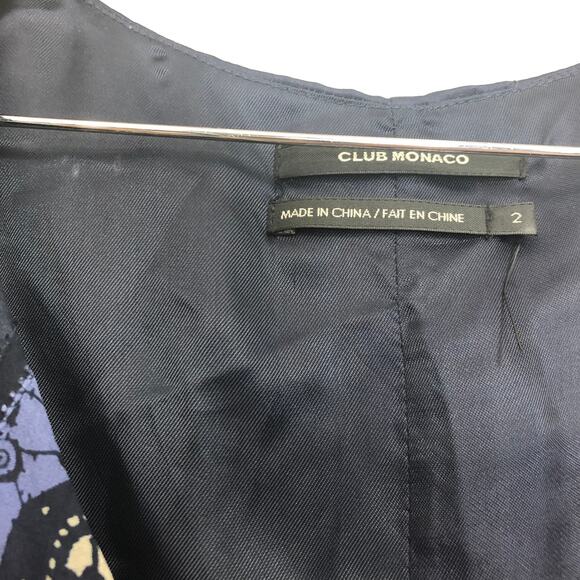 Club Monaco Dress Silk Shift Patterned Ruffle Front Blue Navy Sleeveless 2 - Picture 4 of 7